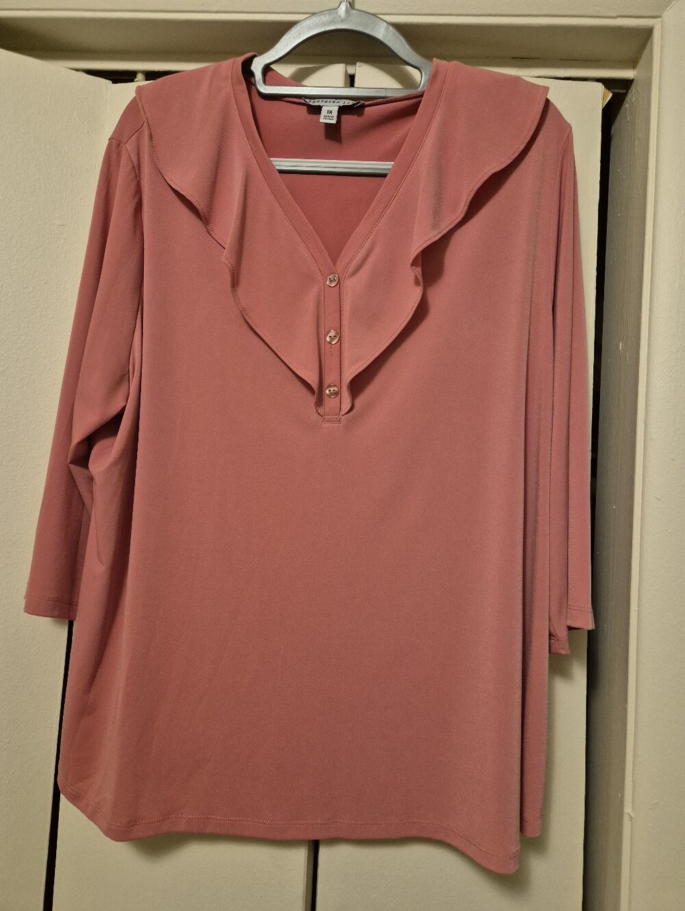 Southern Lady Ruffle V-Neck Long Sleeve Top - Dusty Rose